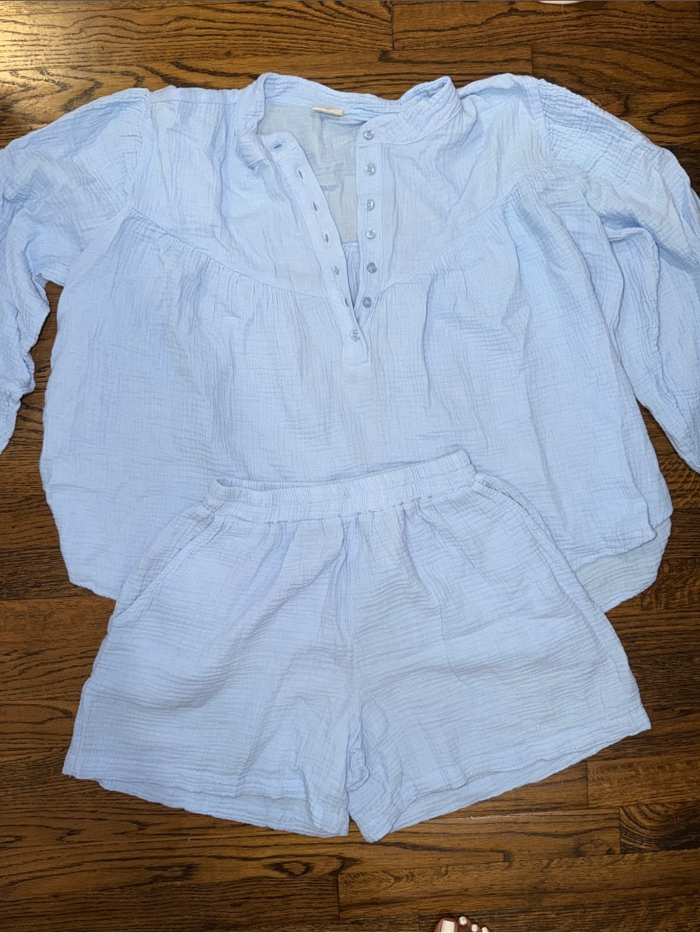 Light Blue 2PC Gauze Button Henley Top & Elastic Waist Shorts Set